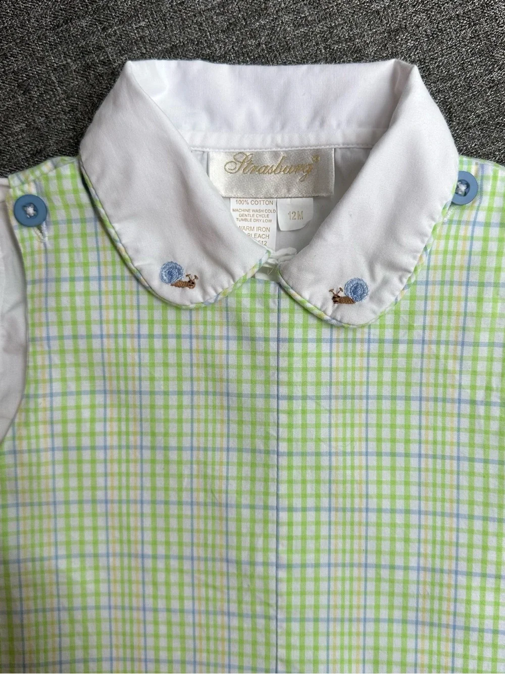 Strasburg Baby Boy Cotton John John Snail Shirt Set Blue Green White Plaid 12